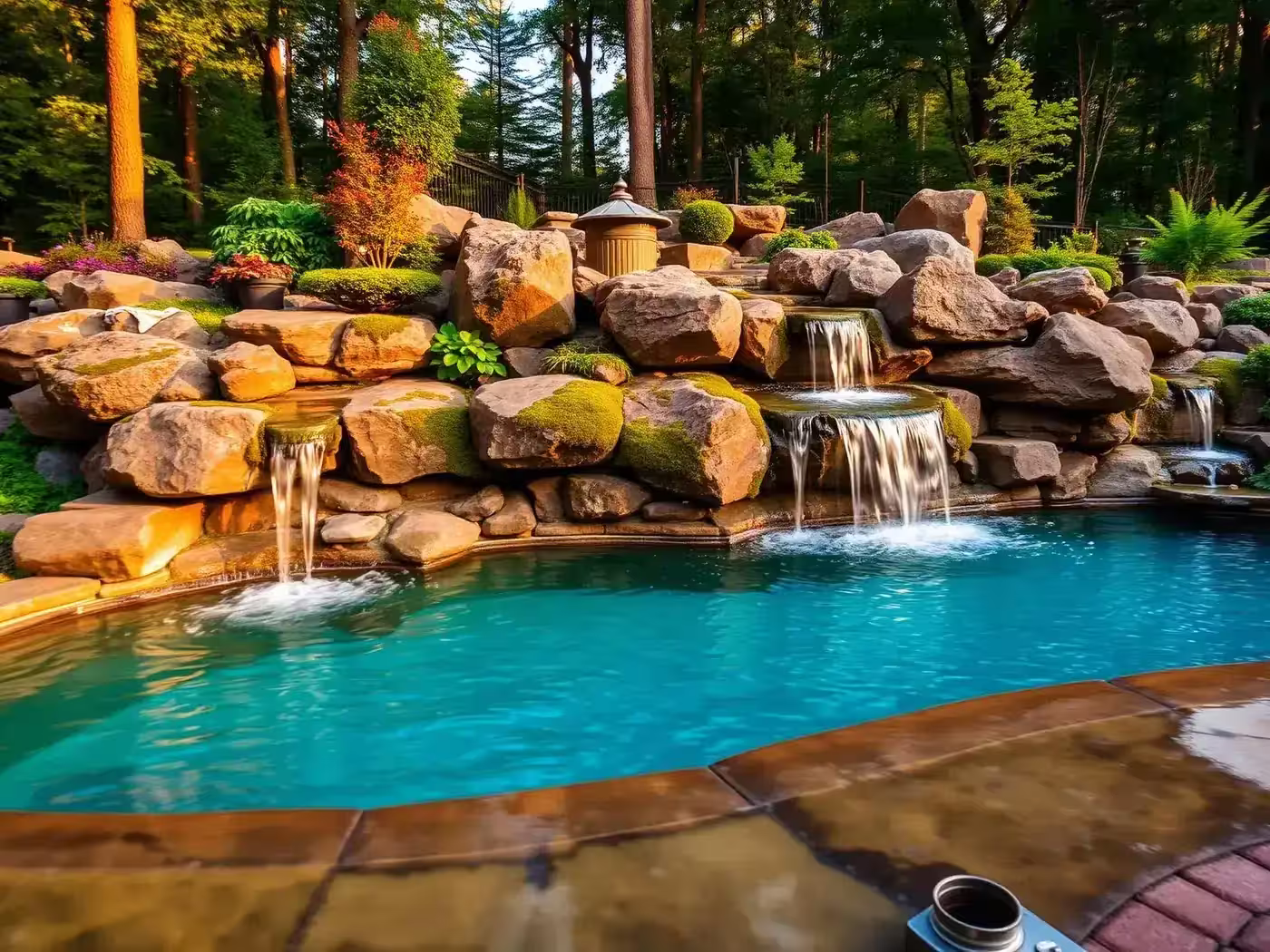 Custom natural rock pool with waterfall built in Central Ohio